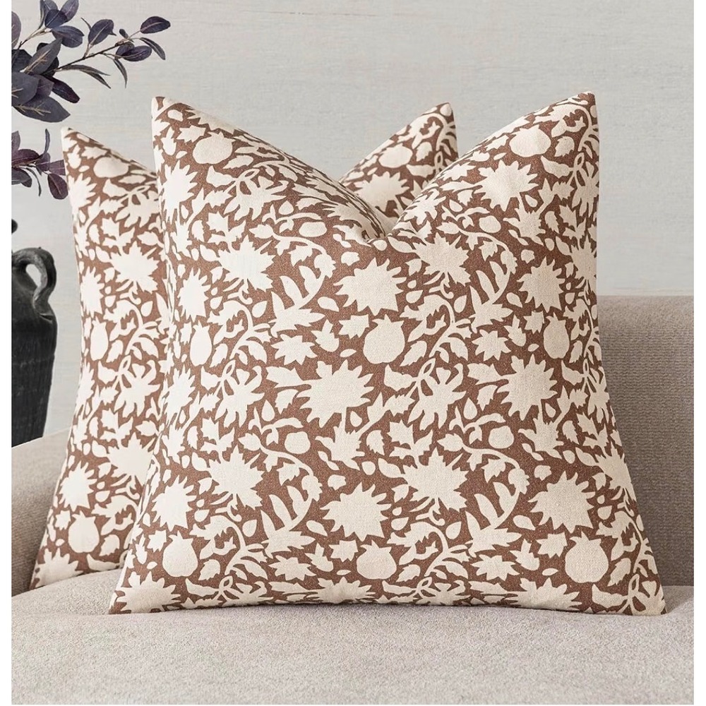 Set of 2 Floral Print Cotton Linen Throw Pillow Covers 18x18 Brown Cream Boho